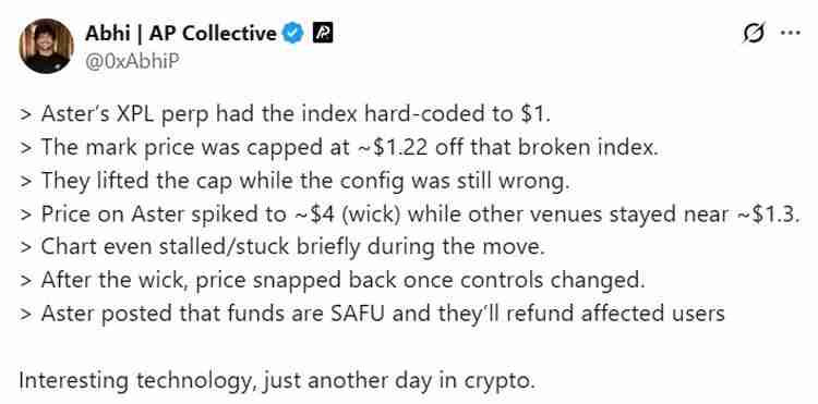 Aster因XPL永续合约故障导致价格飙至4美元，现已对用户进行赔付