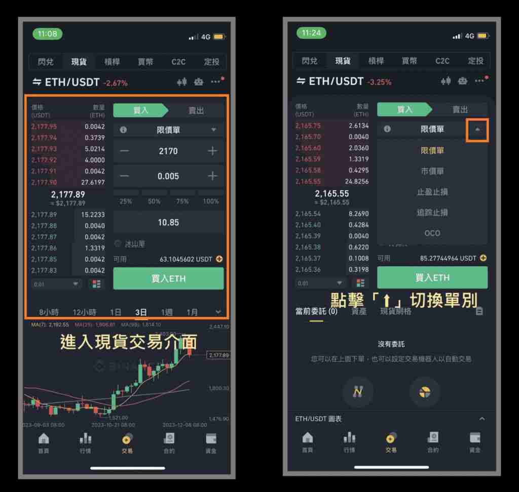 币安买入以太币现货图文教学：限价单、市价单、止盈止损单、OCO单使用教程