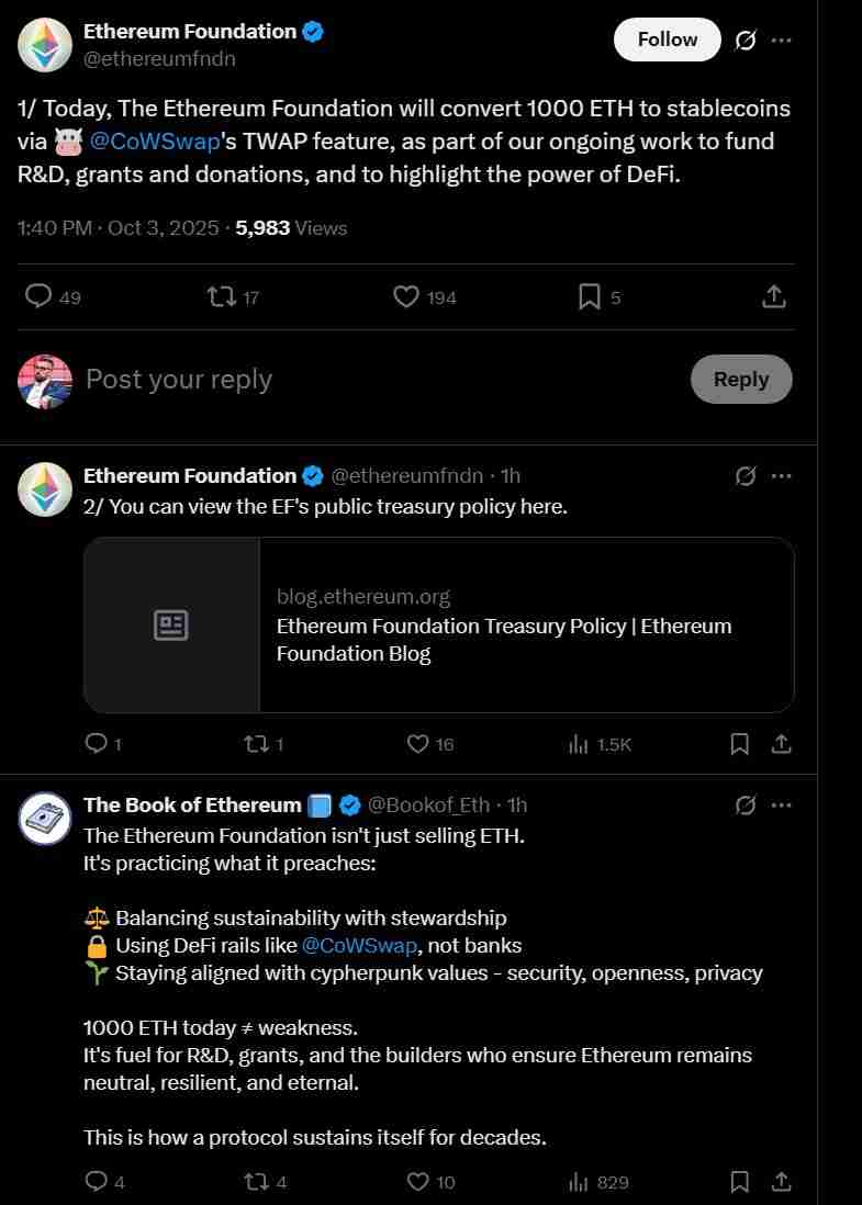 以太坊（ETH）基金会将1000枚ETH兑换为稳定币，用于研发和资助